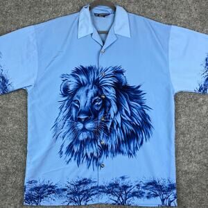 Ultimate Sport Button Shirt Mens Size XL Blue Lion Graphic Safari Jungle Animal